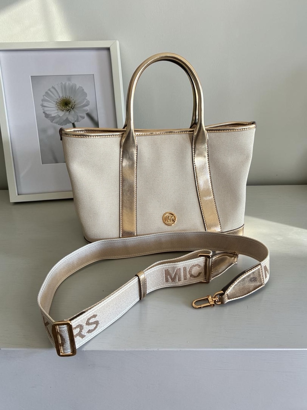 Michael Kors Luisa Medium Cotton Cream Canvas Tote with Gold Trim